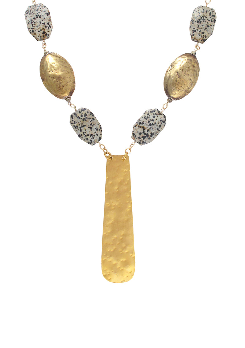 Dalmatian Jasper Ethnic Brass Accent Gold Pendant Necklace