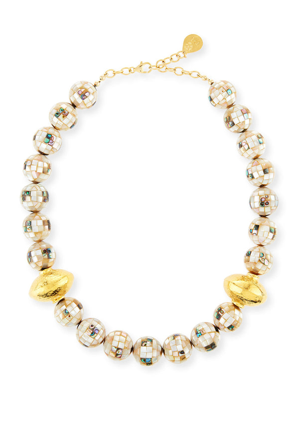 Abalone and Pearl Shell Mosaic Gold Accent Necklace