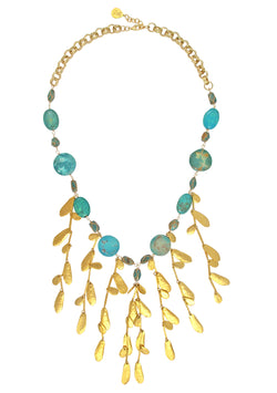 Turquoise Gold Leaf Fringe Necklace