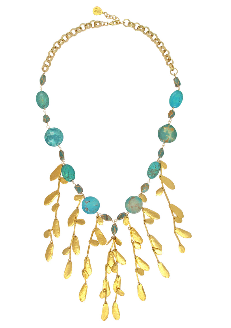 Turquoise Gold Leaf Fringe Necklace