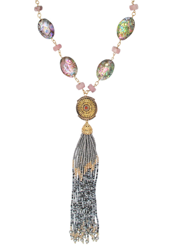 Abalone Pink Opal Accent Gray Tassel Necklace