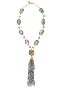 Abalone Pink Opal Accent Gray Tassel Necklace
