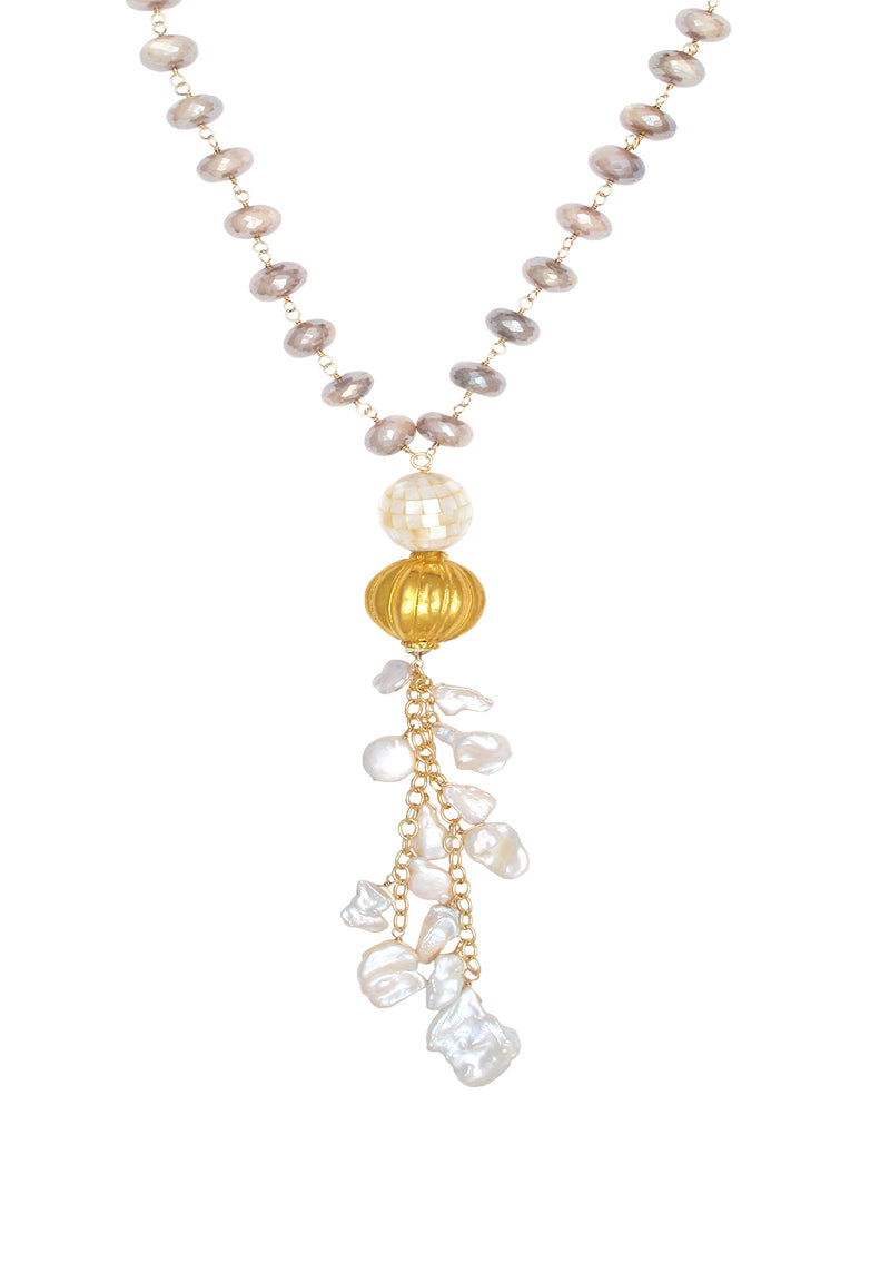 Moonstone Gold Accent Mother of Pearl Cluster Necklace