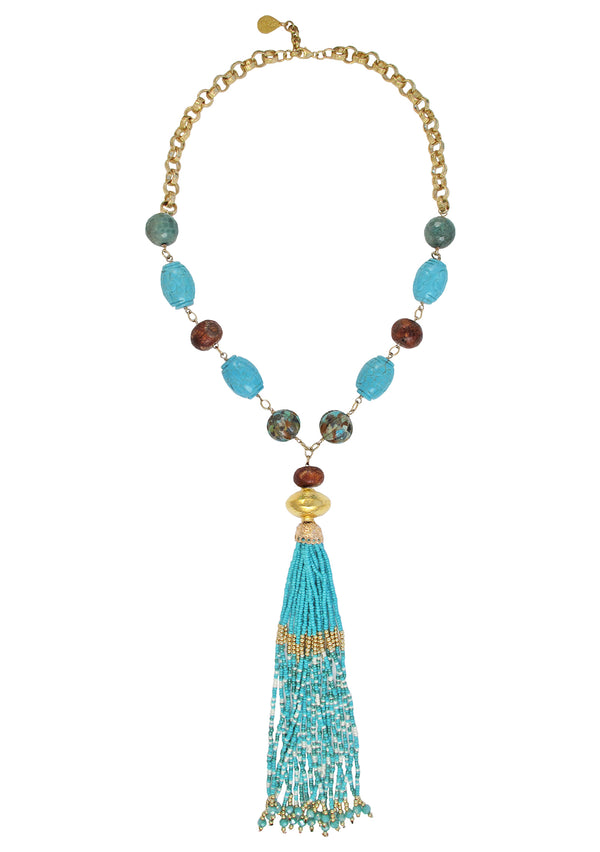 Carved Turquoise Gold Accent Tassel Necklace