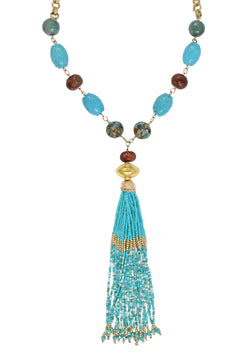 Carved Turquoise Gold Accent Tassel Necklace