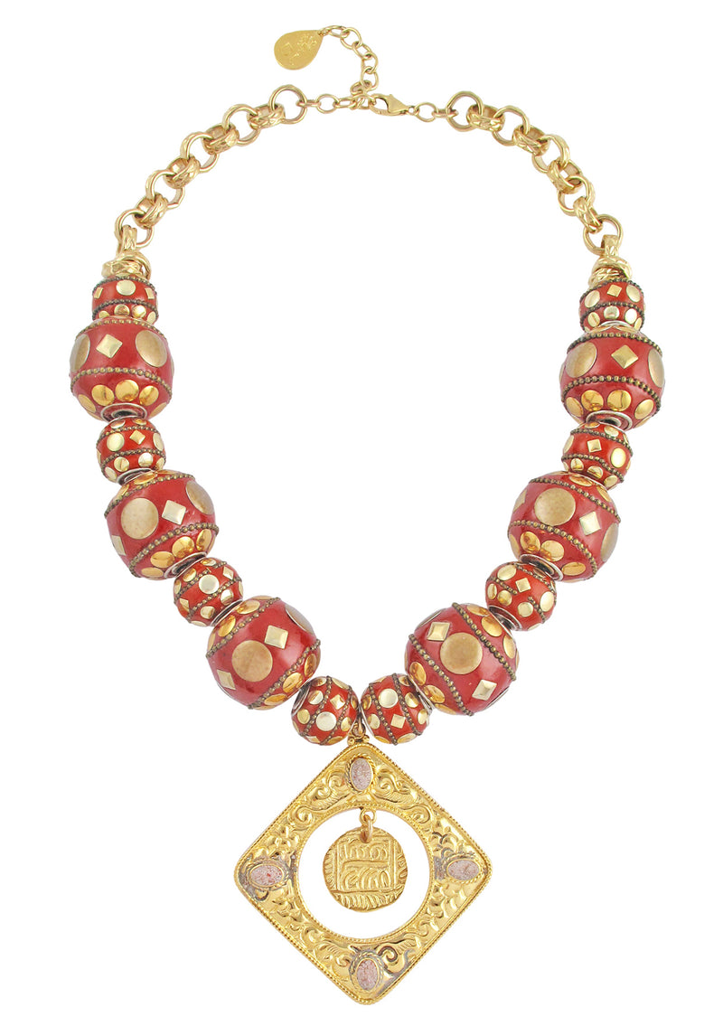 Red Ethnic Gold Pendant Necklace