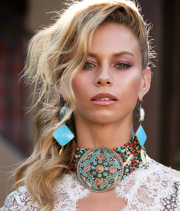 Ethnic Turquoise Gold Earrings