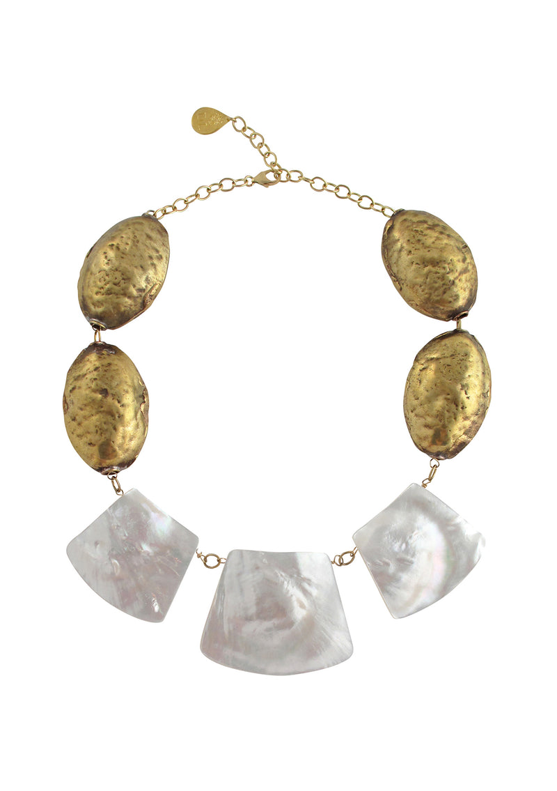 Devon Leigh one of a kind, triple white shell pendant necklace with authentic Nepalese brass beads