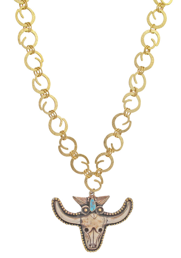 Devon Leigh | One of a kind, hand-made Nepalese carved bone white bull head pendant statement necklace, with authentic turquoise accent and 18K gold plated Balinese chain. 