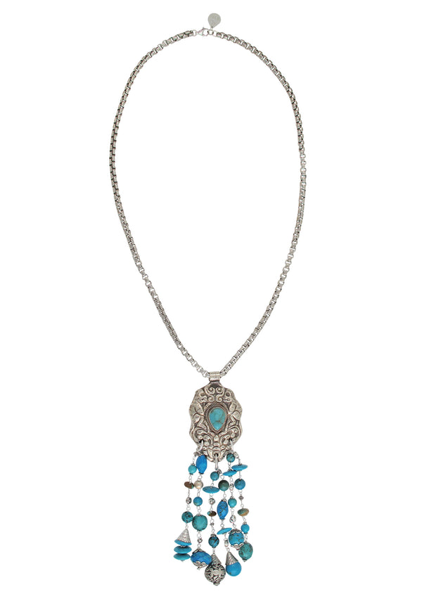 Ethnic Brass and Turquoise Pendant Necklace