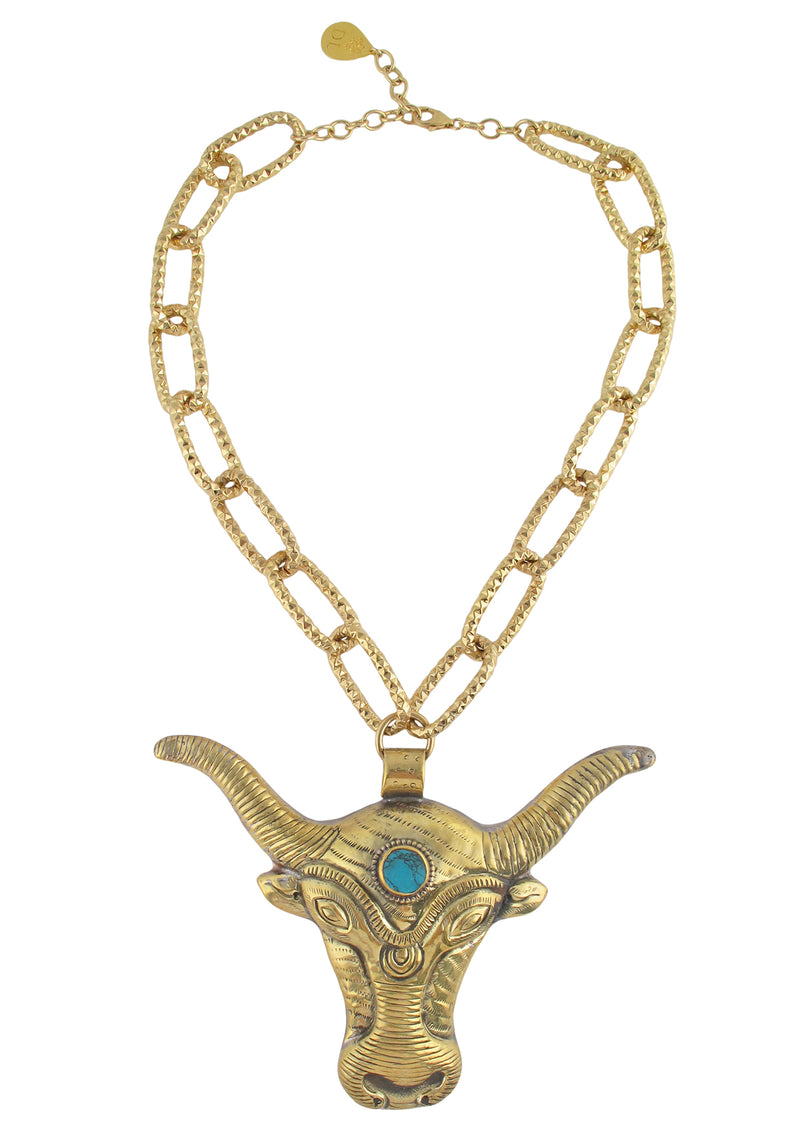 Brass Bull Turquoise Pendant Necklace