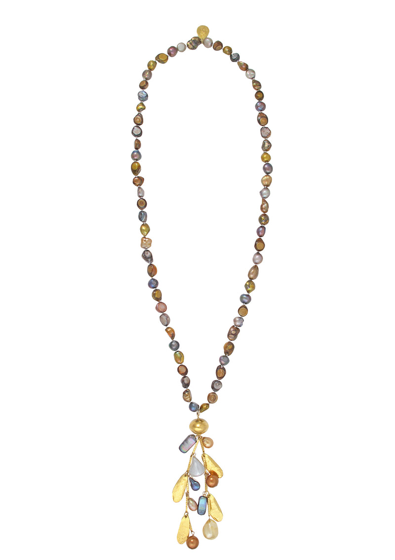 Multicolor Freshwater Pearl Gold Leaf Cluster Necklace