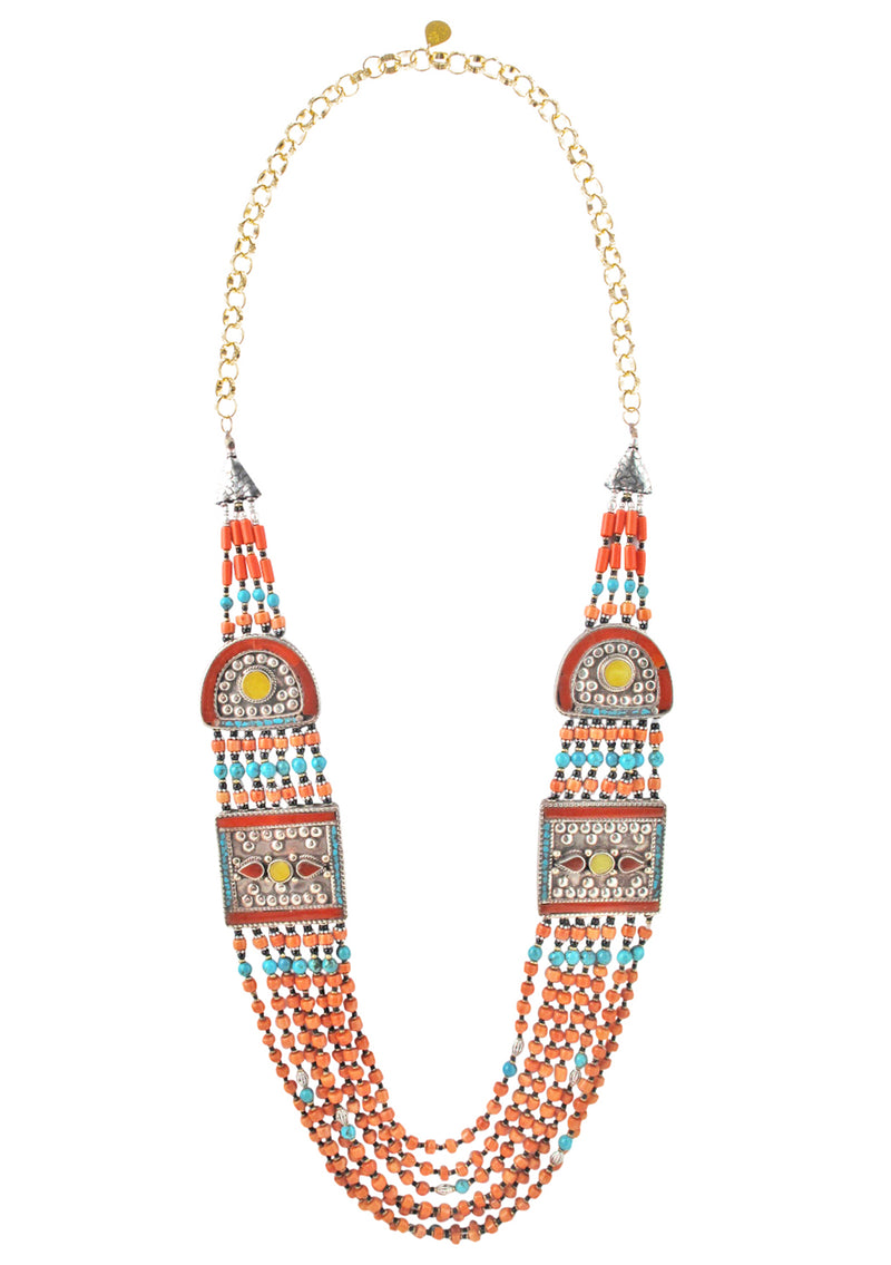Multi Strand Coral Ethnic Necklace