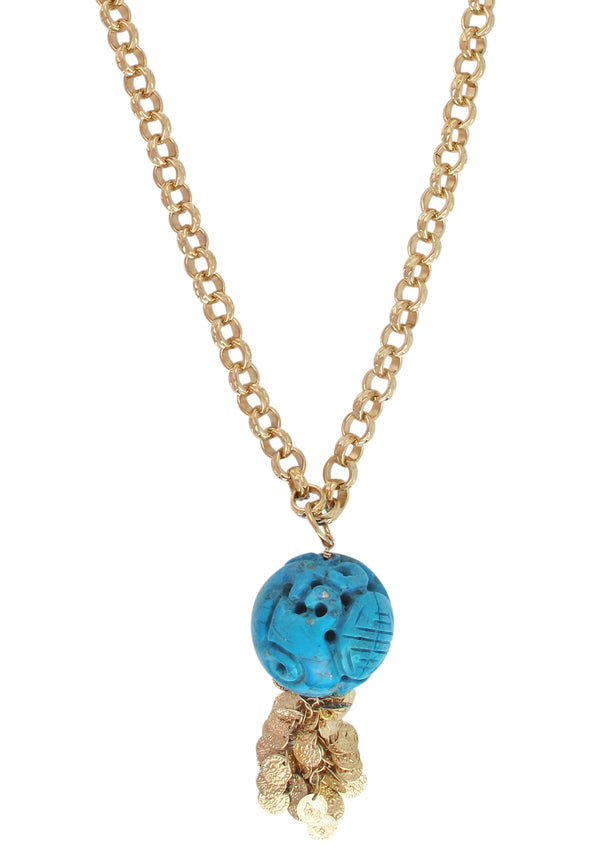 Carved Turquoise Ball Pendant Gold Necklace