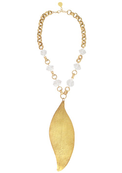 Clear Quartz Large Gold Leaf Pendant Necklace