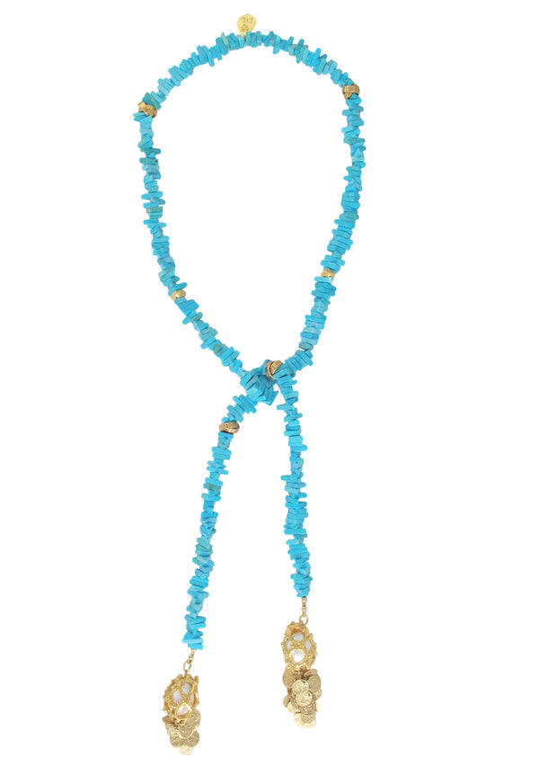 Turquoise Slab Caged Pearl Lariat Necklace