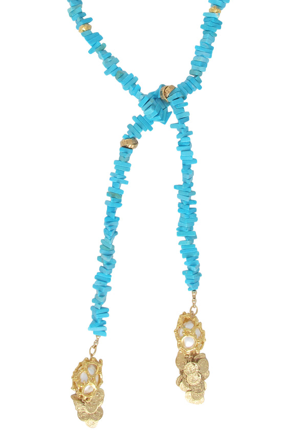 Turquoise Slab Caged Pearl Lariat Necklace