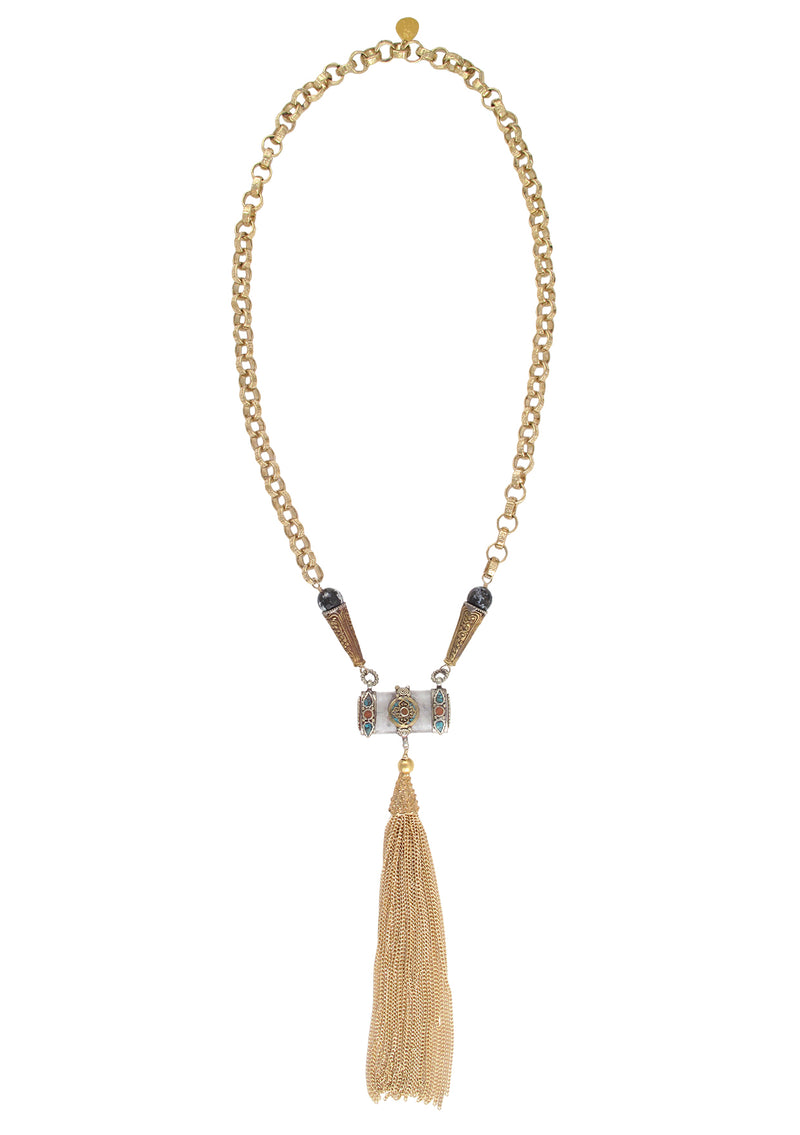 Long Ethnic Pendant Gold Tassel Necklace