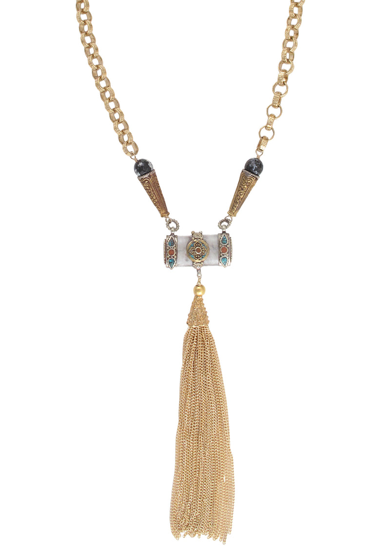 Long Ethnic Pendant Gold Tassel Necklace