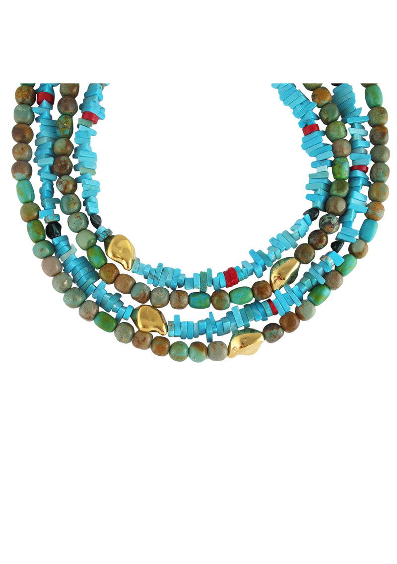 Blue Turquoise Red Coral Gold Accent Necklace