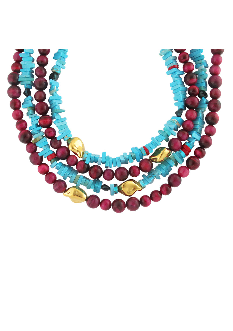 Blue Turquoise Red Coral Gold Accent Necklace