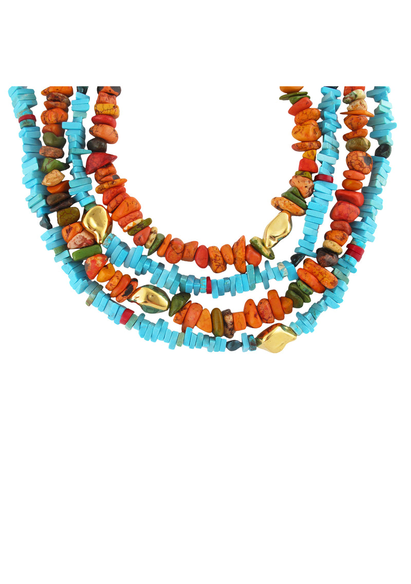 Blue Turquoise Red Coral Gold Accent Necklace