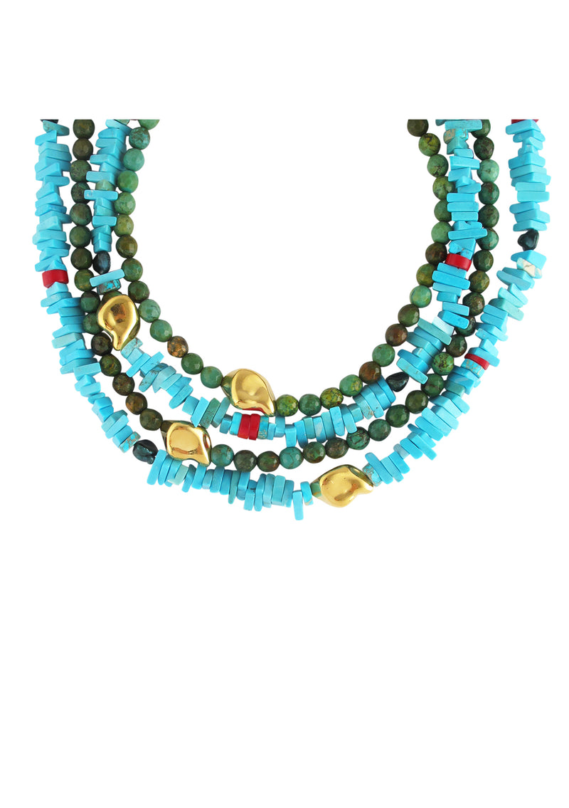 Blue Turquoise Red Coral Gold Accent Necklace