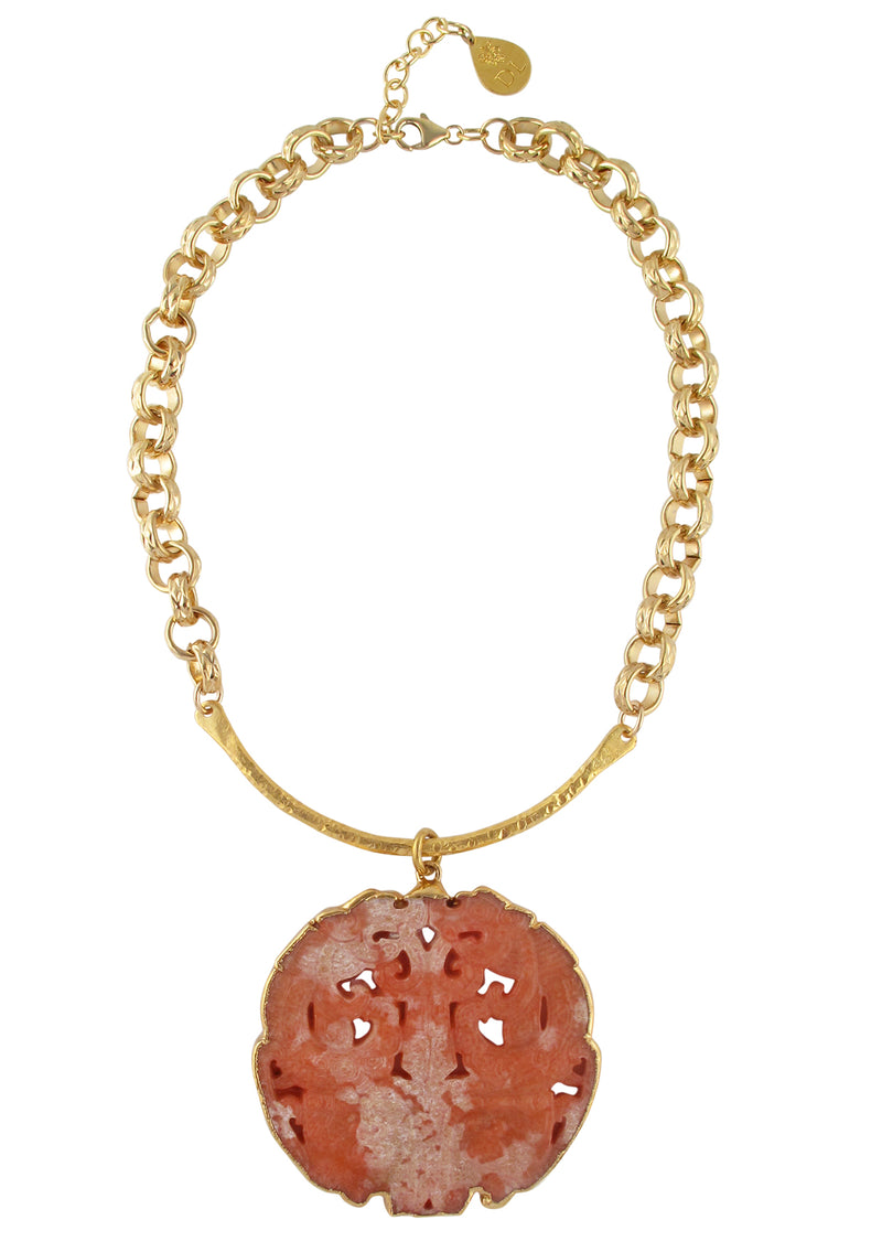 Pink Jade in Gold Foil Pendant Necklace