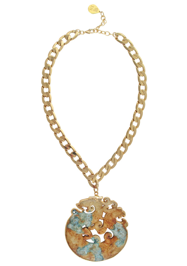 Carved Jade in Gold Foil Pendant Necklace
