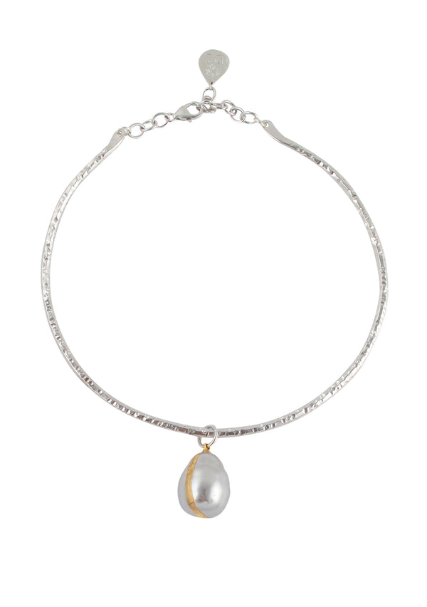 Gray Pearl in Gold Foil Rhodium Bar Necklace
