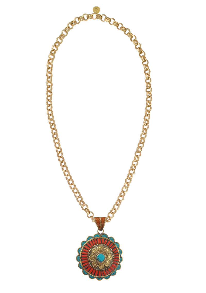 Coral and Turquoise Ethnic Pendant Necklace
