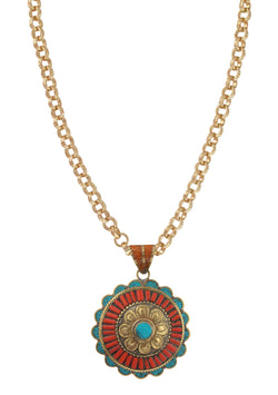 Coral and Turquoise Ethnic Pendant Necklace