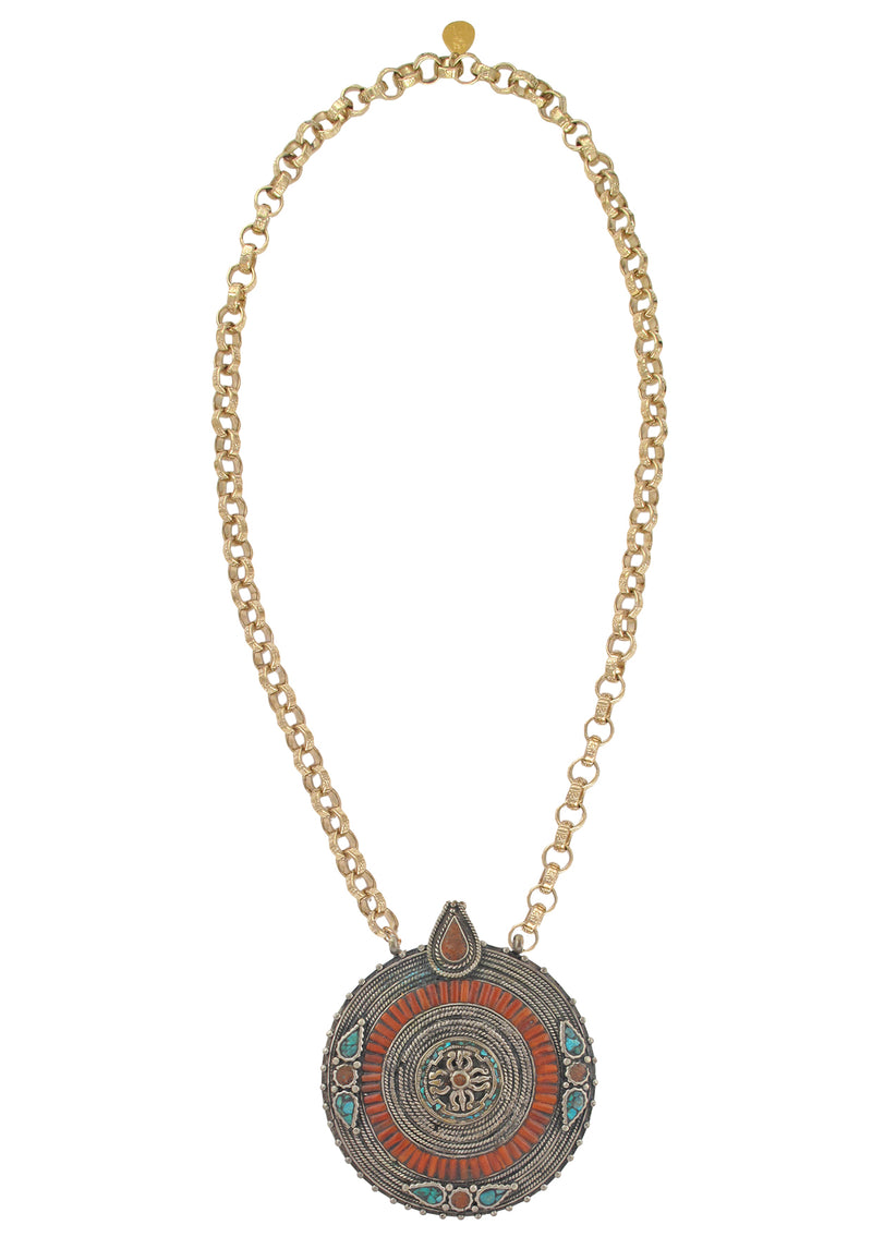 Antique Turquoise and Coral Ethnic Medallion Necklace