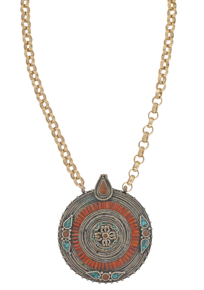 Antique Turquoise and Coral Ethnic Medallion Necklace