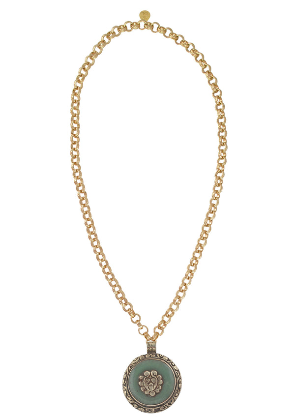 Jade and White Brass Ethnic Medallion Necklace