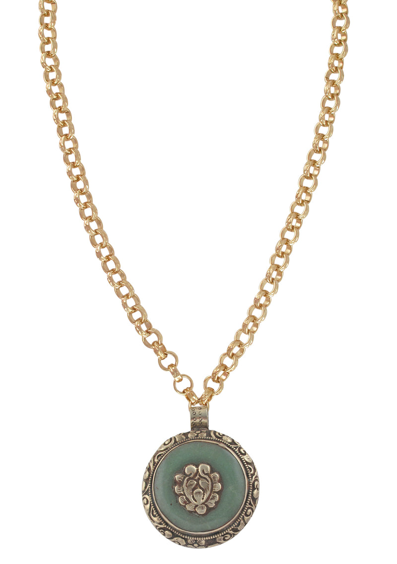 Jade and White Brass Ethnic Medallion Necklace