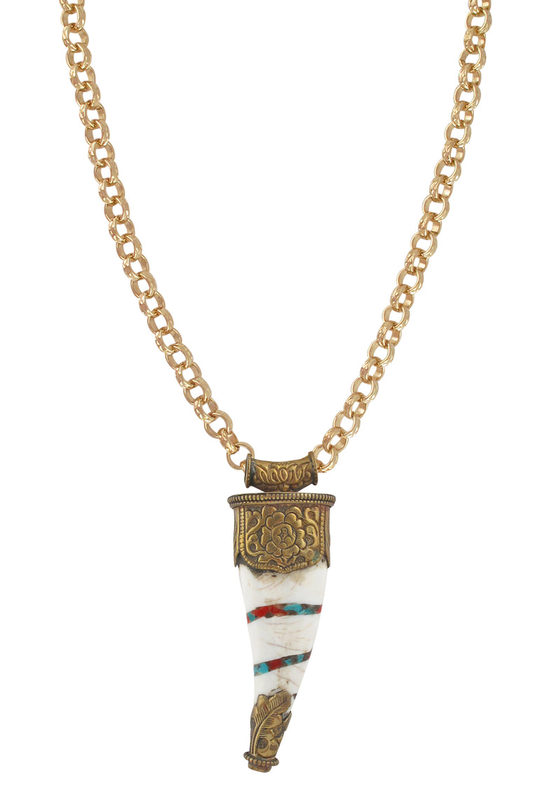 Turquoise and Coral Ethnic Horn Pendant Necklace