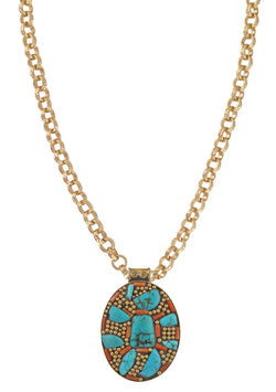 Turquoise and Coral Ethnic Pendant Necklace