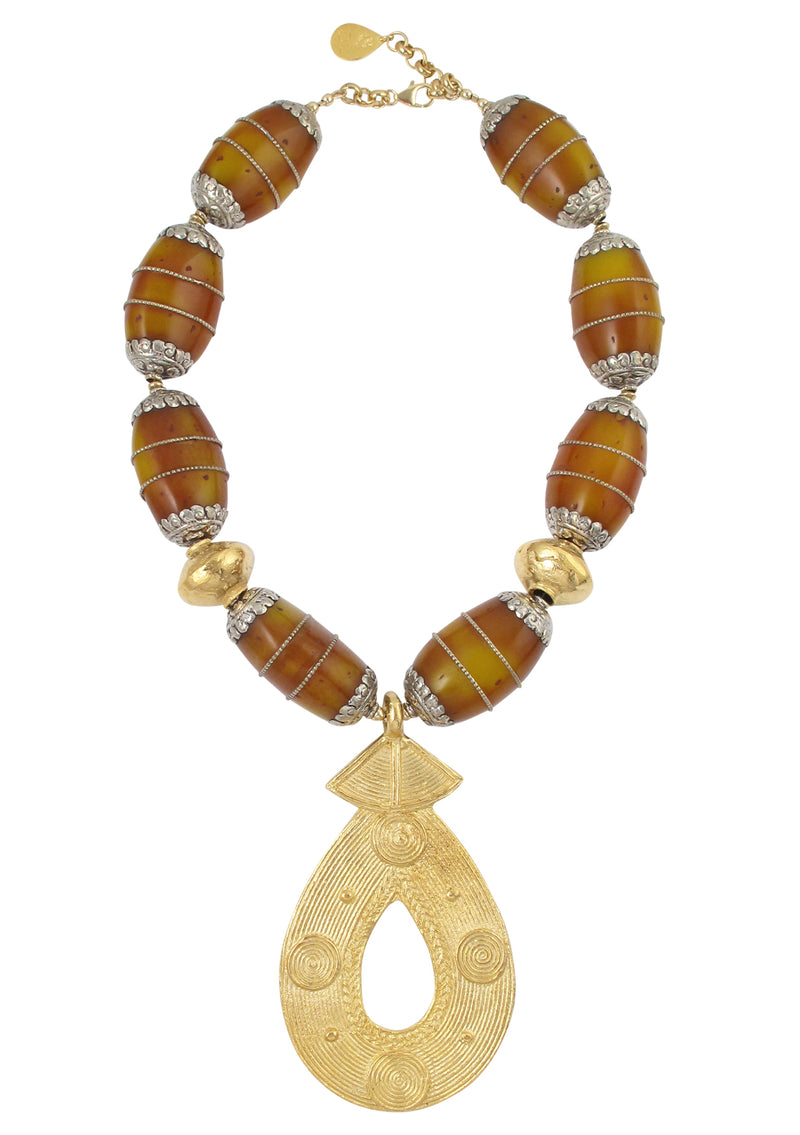 Ethnic Amber and Gold Pendant Necklace