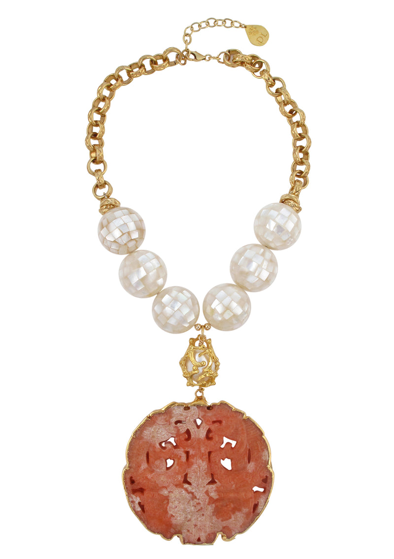 White Mosaic Pearl Pink Jade Pendant Necklace