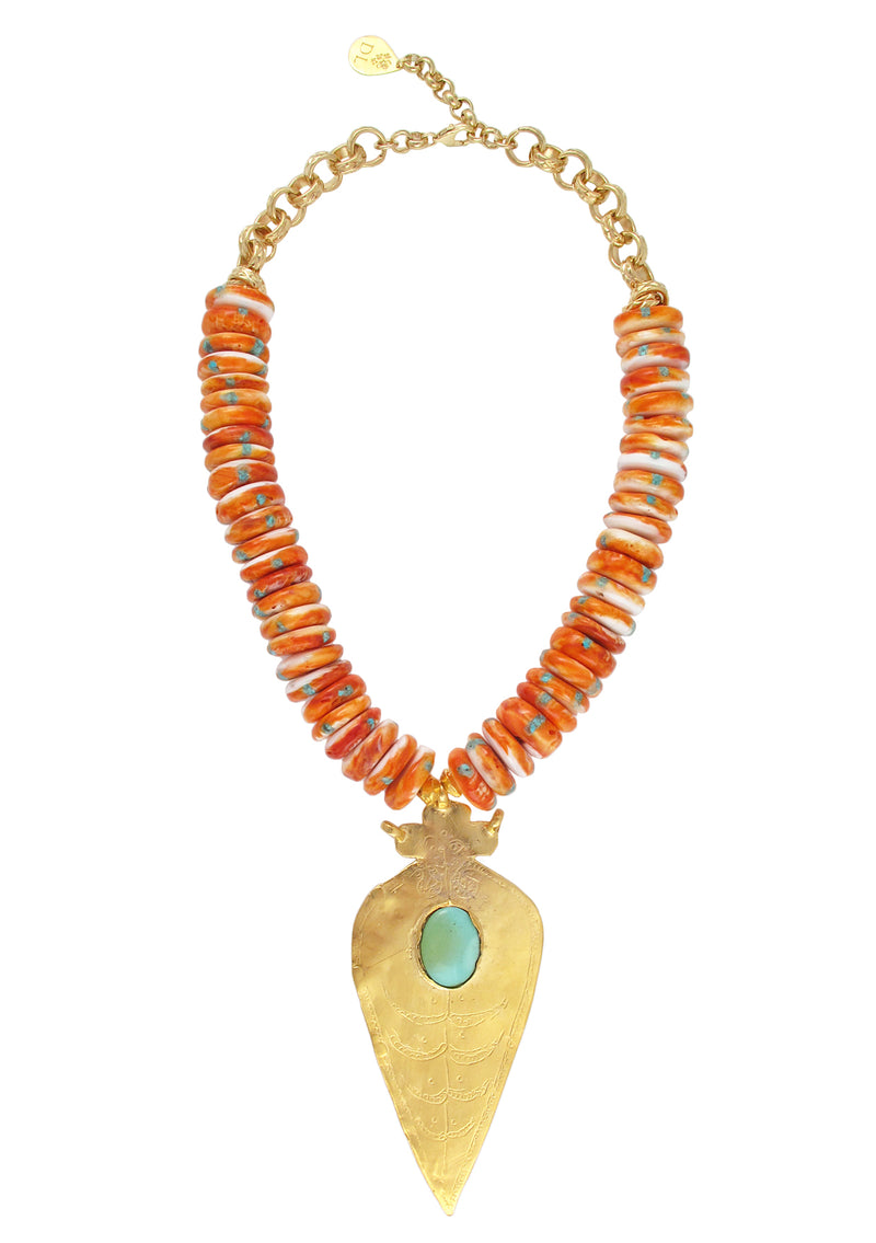 Orange Oyster Shell Turquoise and Gold Pendant Necklace