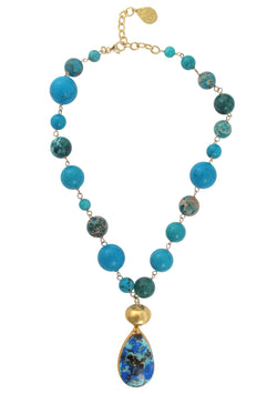 Turquoise Chrysocolla Azurite in Gold Foil Pendant Necklace