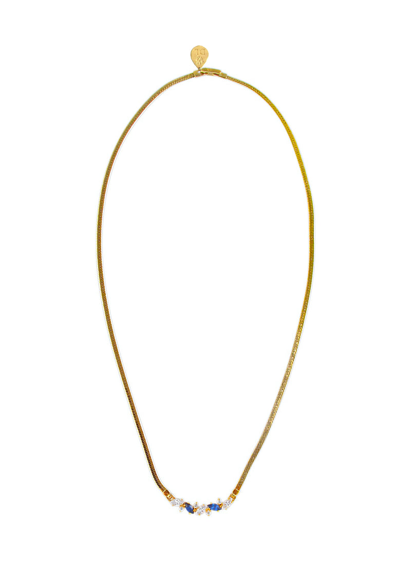 Clear and Blue Diamond Illusion Gold Mesh Necklace