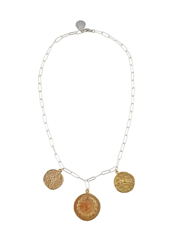 Triple Gold Coin Silver Link Chain Necklace