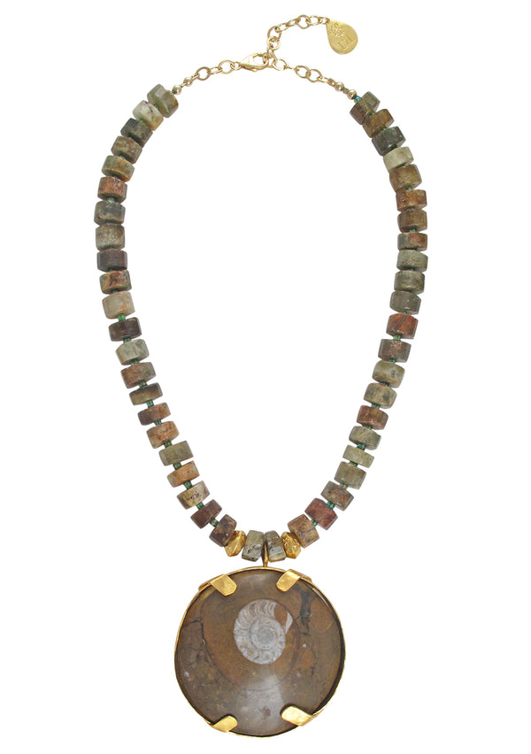 One of a Kind Green Garnet Fossilized Shell Necklace