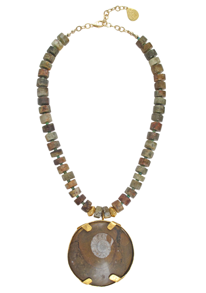 One of a Kind Green Garnet Fossilized Shell Necklace