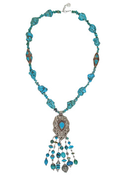 Turquoise Ethnic Pendant Fringe Necklace