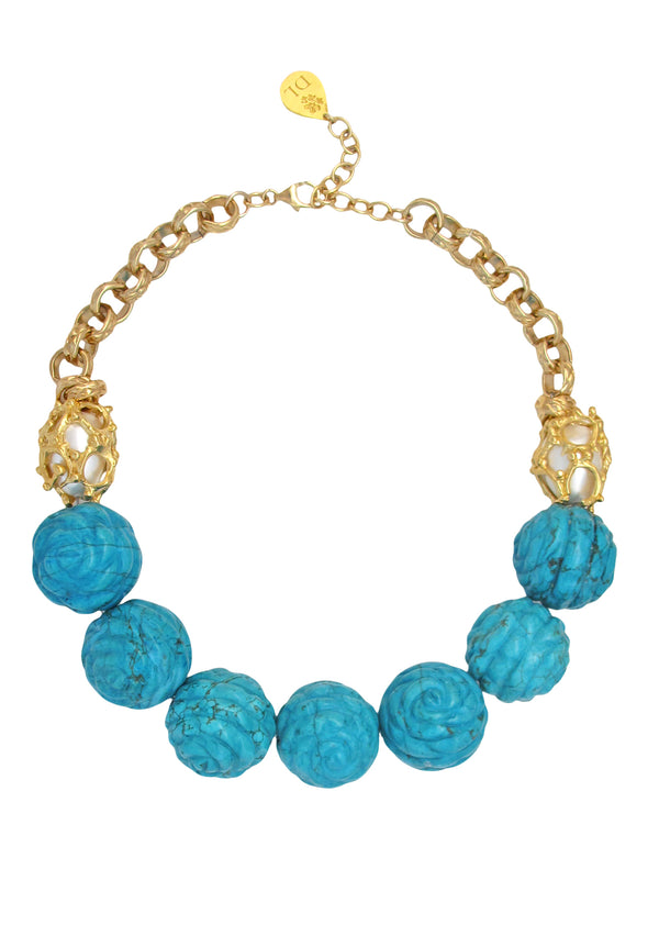 Carved Turquoise Caged Pearl Necklace