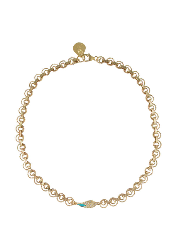 Blue Opal Diamond Illusion Angel Wing Gold Necklace