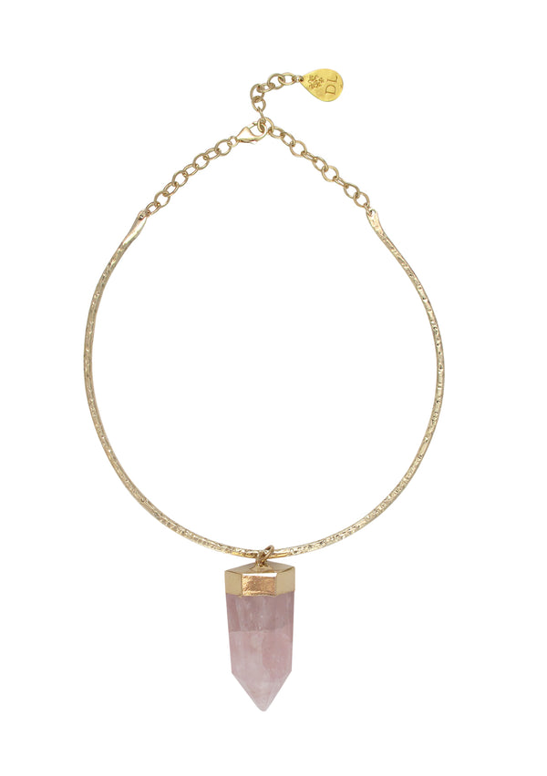 Rose Quartz Spike in Gold Foil Bar Necklace